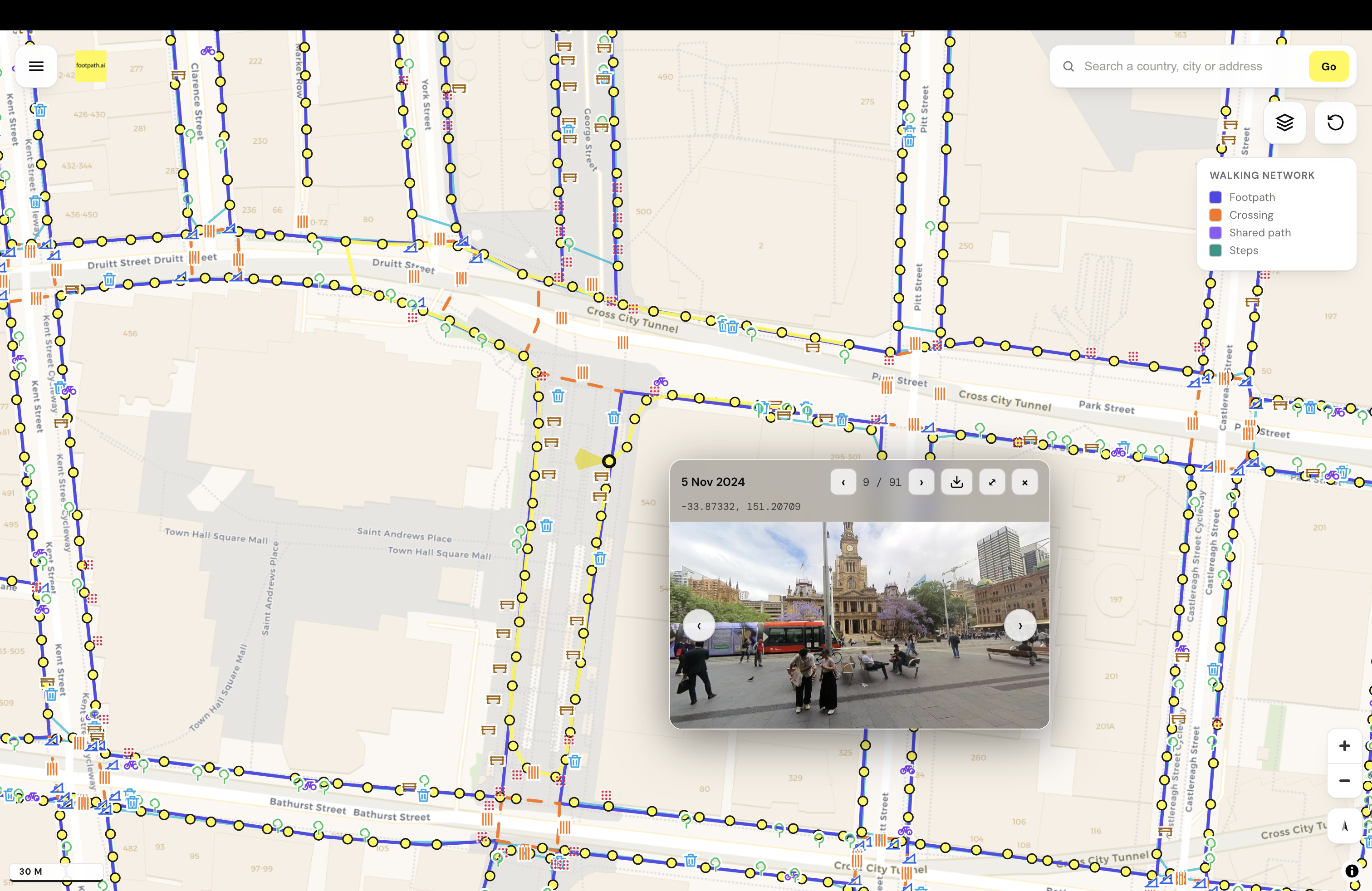 footpath.ai map platform showing the walking network and street imagery